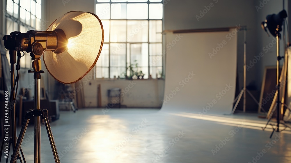 Poster A spotlight from a golden lamp highlights a clean, open studio space, providing an ideal backdrop for incorporating graphics or text for design projects