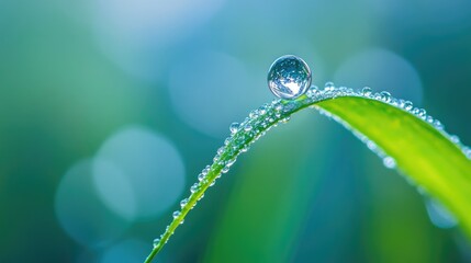 A solitary dewdrop clings to a blade of grass, capturing the serene elegance and fleeting beauty of nature small, yet significant moments