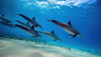 Fototapeta premium Spinner Dolphins Leap Gracefully in the Moonlight over a Tranquil Sandbar, Majestic Dancers in the Crystal Waters of Marsa Alam, Egypts Mesmerizing Coastline.