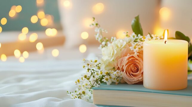 self-care routines mindfulness morning. A serene arrangement featuring a lit candle, fresh flowers, and a book, creating a cozy and inviting atmosphere with soft lighting.