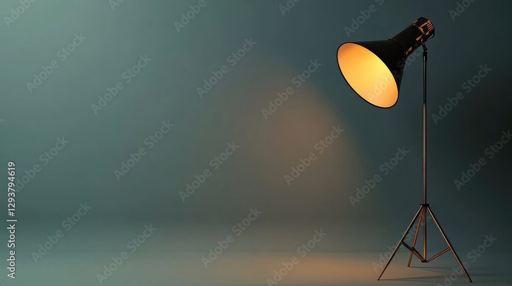 Poster A spotlight from a golden lamp highlights a clean, open studio space, providing an ideal backdrop for incorporating graphics or text for design projects