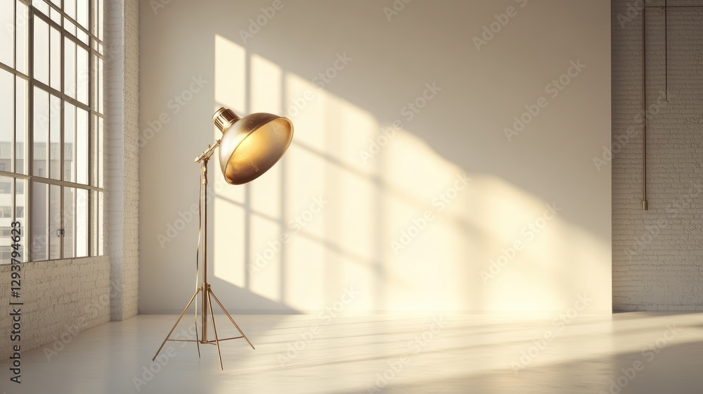 Poster A spotlight from a golden lamp highlights a clean, open studio space, providing an ideal backdrop for incorporating graphics or text for design projects