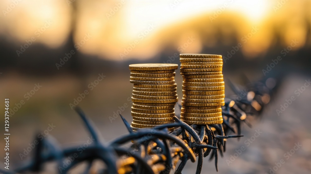 Aufkleber a stack of golden coins placed carefully on sharp barbed wire, symbolizing the delicate balance betw