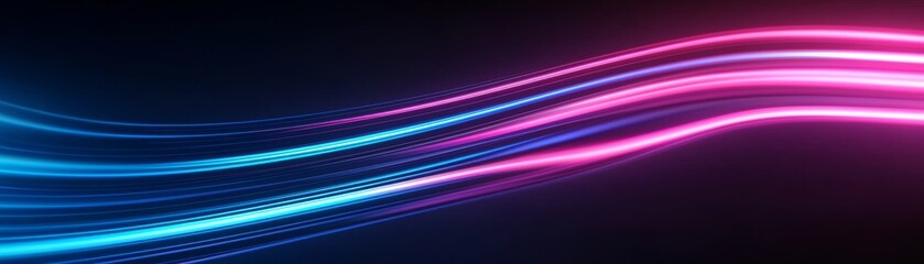 A vibrant, abstract design featuring flowing lines in blue and pink against a dark background, creating a dynamic visual effect.