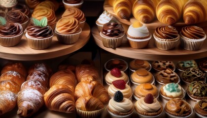 Fototapeta premium Fotografía de estudio profesional de una pasteleria, con cupcakes, croissants, tartas, pasteles, bombones, ordenado de forma armoniosa, estilo ultrarrealista, realista, 4k