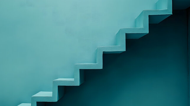 Teal staircase against a teal wall; minimalist architecture, modern design, abstract background, simple steps, upward movement.
