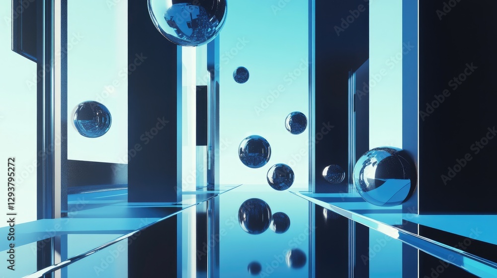 Poster a striking abstract scene with floating spheres and geometric forms, framed in a sleek blue and blac