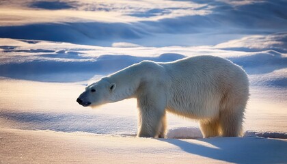 Polar Bear in Snow Majestic White Giant Stands Amidst a Tranquil Winter Wonderland as it Basks in the Glowing Arctic Sunset, Showcasing the Power and Beauty of Natures Frozen Kingdom.