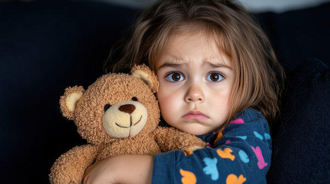 Petite fille blonde triste serrant un ours en peluche