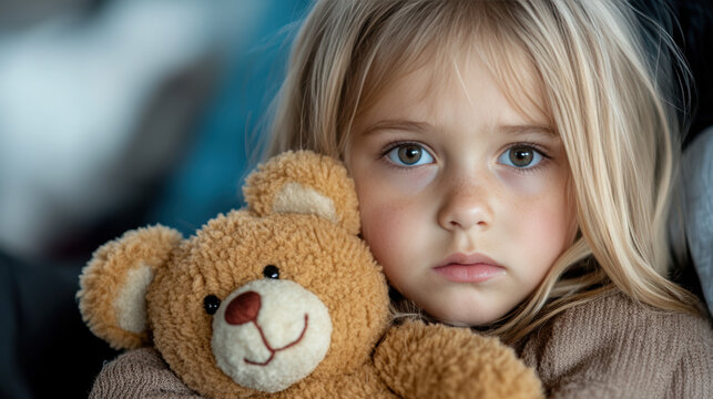 Petite fille blonde triste tenant un ours en peluche