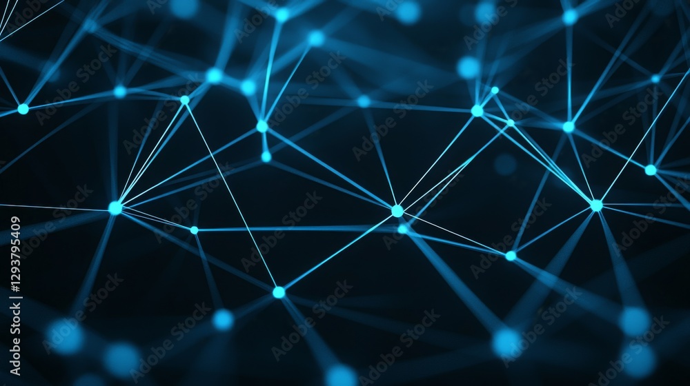 Poster abstract digital network with glowing blue nodes interconnected by lines on a dark background, symbo