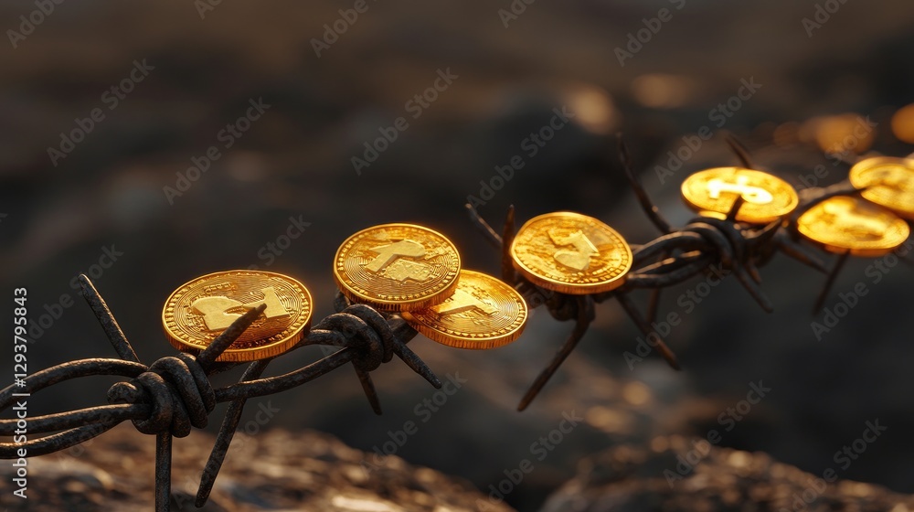 Poster a striking image of golden coins on barbed wire, emphasizing the tension between wealth accumulation