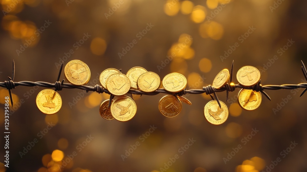 Poster A striking image of golden coins precariously balanced on sharp barbed wire, symbolizing the fragile relationship between wealth and financial risk