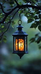 Glowing lantern hangs from tree branch
