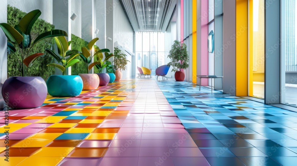 Poster a bright and lively hallway features an array of colorful tiles in shades of blue, pink, and yellow.