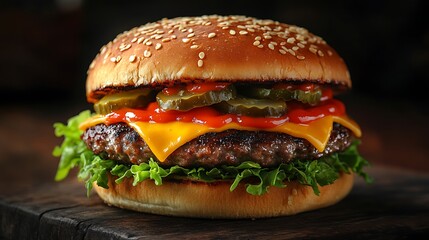 Professional studio photograph of an ultra-realistic classic cheeseburger, featuring melted cheddar cheese, crisp fresh lettuce, ripe tomato slices, crunchy pickles, ketchup, mustard,