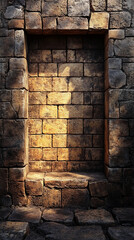 Close-up of an ancient stone wall with a hollow niche, illuminated by light, showcasing the texture, age, and weathered beauty of the structure.
