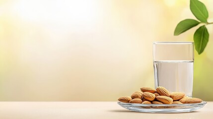 A glass of water alongside a plate of almonds, set against a soft, warm background with subtle greenery, conveying freshness and health, ramadan fasting  purity gratitude eid ul fitr mubarok 
