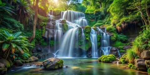 Fototapeta premium serene waterfall cascading down a moss-covered rocky face surrounded by vibrant greenery and exotic tropical plants in Pak Khlong, lush greenery, outdoors