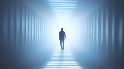 Fototapeta premium Silhouetted businessman walking towards bright light in a futuristic hallway. Concept of success, future, ambition, and opportunity.