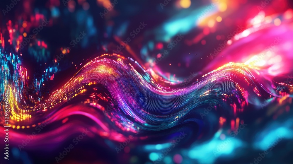 Poster A stunning digital waveform in vibrant colors, moving dynamically in a high-tech space, great for visualizations in tech, music, or data fields