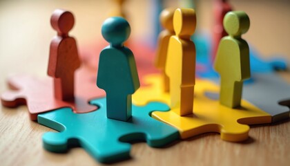 Colorful wooden figures represent diverse people connecting on jigsaw pieces. Teamwork, diversity concept visualizes HR strategies for inclusive workplace cultures, talent management. Different