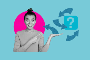 Composite art 3d creative image collage of excited girl point index finger question mark dilemma contemplation arrow solution