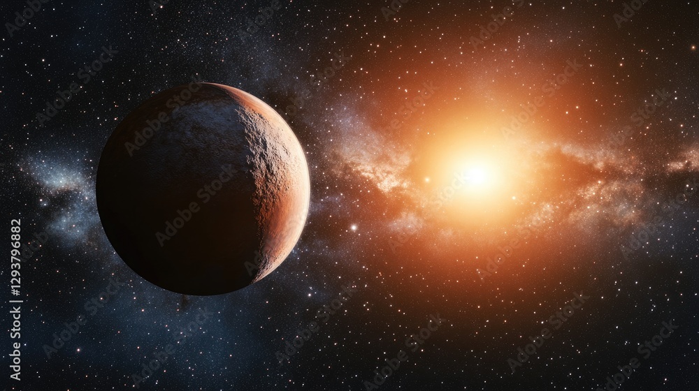 Poster a stunning view of a distant planet in space, captured against the backdrop of a star-filled sky, sh