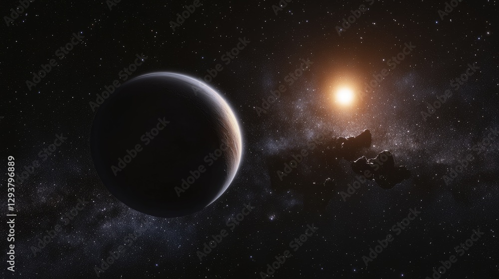 Poster A stunning view of a distant planet in space, captured against the backdrop of a star-filled sky, showcasing the vastness of the universe
