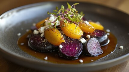 Colorful Beet Salad with Apricots and Goat Cheese on a Plate