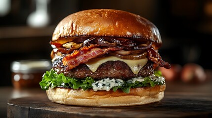 Professional studio photograph of an ultra-realistic gourmet burger featuring crispy bacon strips, tangy blue cheese crumbles, caramelized onions, fresh lettuce,