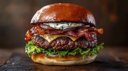 Professional studio photograph of an ultra-realistic gourmet burger featuring crispy bacon strips, tangy blue cheese crumbles, caramelized onions, fresh lettuce,