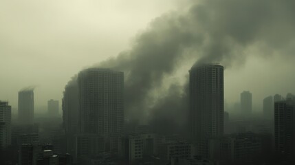 Fototapeta premium An apocalyptic view of a city skyline covered in thick smog from an industrial fire,