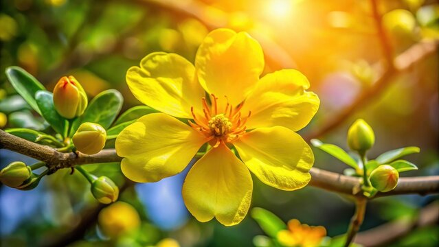 Close-up vibrant yellow Ochna integerrima flower details in sunlight