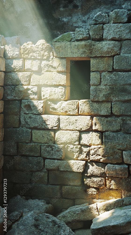 Poster close-up of an ancient stone wall with a small window and sunlight filtering through, showcasing tex