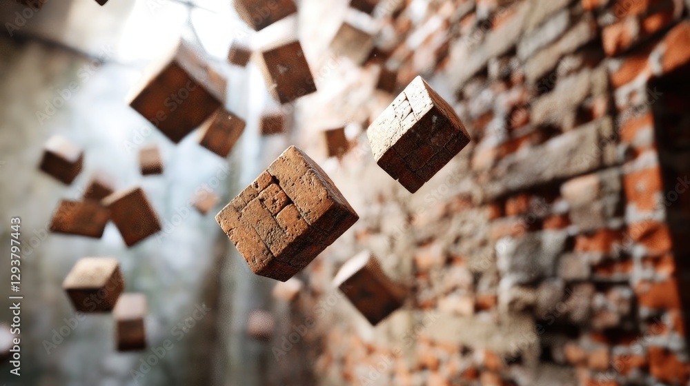 Leinwandbilder a surreal image of floating bricks in mid-air, with a rustic brick wall as the backdrop, illustratin