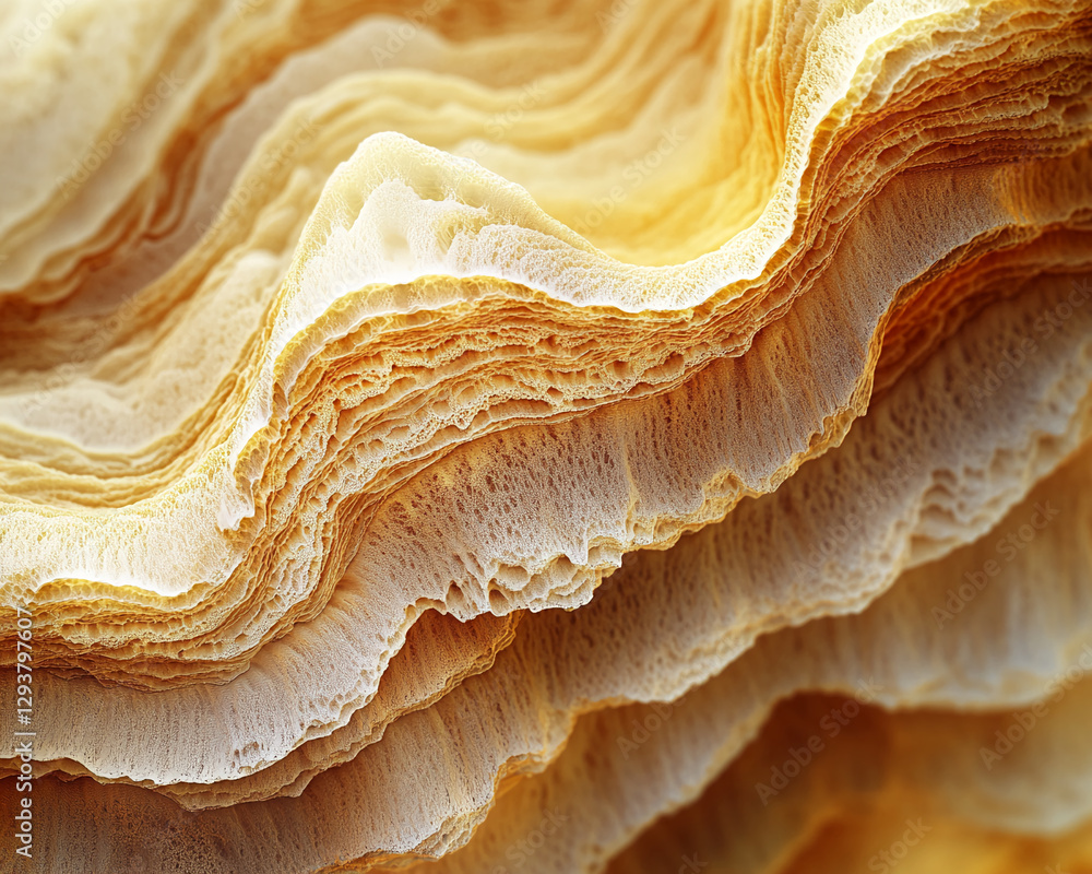 Poster close-up view of layered, wavy textures of a mushroom's gills, showcasing the intricate and natural 