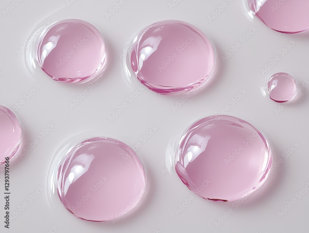 Poster pink transparent round liquid drops floating on white background