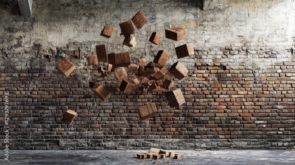 Poster a surreal image of floating bricks in mid-air, with a rustic brick wall as the backdrop, illustratin