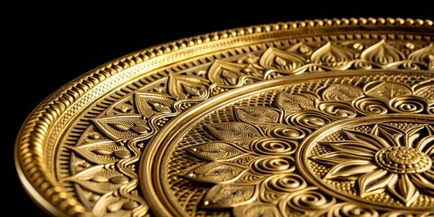 Obraz premium Close-up shot of shiny gold metal plate with intricate designs and patterns embossed on its surface, set against a plain black background for maximum contrast , embossed, contrast