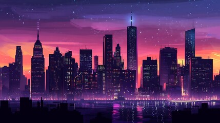 Fototapeta premium Night city skyline, colorful twilight, urban landscape, artistic illustration, possible use for backgrounds, wallpapers