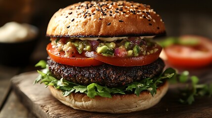 Professional studio photography capturing an ultra-realistic black bean veggie burger, topped with fresh avocado salsa, vibrant tomato slices, melted pepper jack cheese, crisp lettuce,