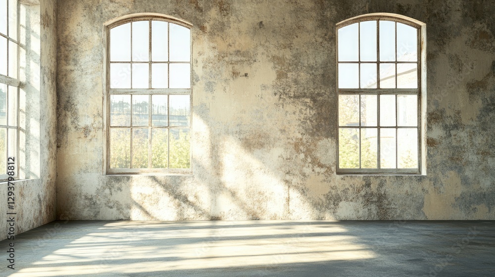Poster A textured old wall with expansive panoramic windows, offering clear space for adding text or graphics, perfect for creating a rustic, timeless look