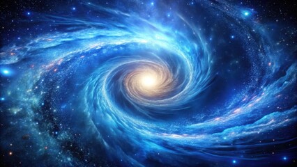 Swirling cosmic vortex of blue spiral galaxy with cobalt and indigo hues moving in a mesmerizing dance amidst starry night sky, space, universe
