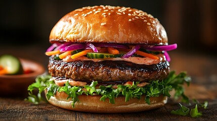 Professional studio photography of a Japanese-inspired burger featuring a glossy teriyaki-glazed patty, vibrant wasabi mayo, colorful pickled vegetables, shredded fresh lettuce,