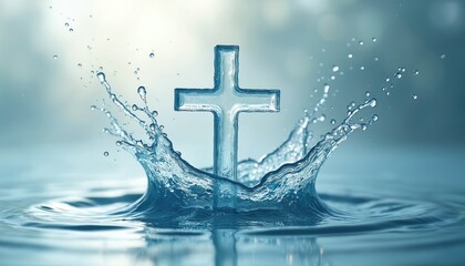 Water cross symbol emerges from splash. Clean, clear water droplets form Christian symbol. Religious abstract, hope concept, spirituality prayer, baptism, divine faith, sacred worship background