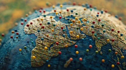 Fototapeta premium Colorful Push Pins on a Detailed Globe of the African Continent