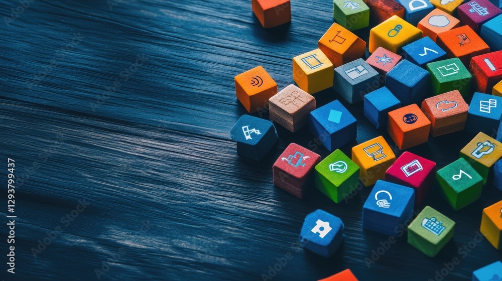 Poster A top-down view of diverse blocks and cubes with different icons, representing teamwork, creativity, and collective problem-solving
