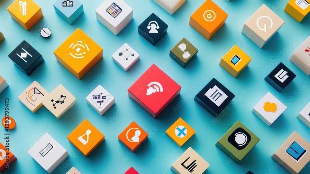Poster A top-down view of various blocks and cubes with different icons, symbolizing teamwork, creativity, and innovation in the workplace