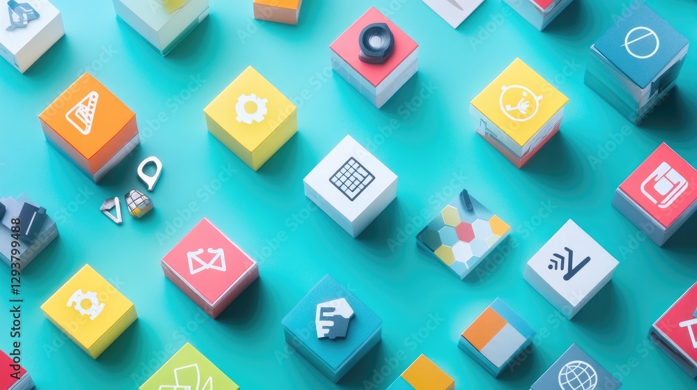 Poster A top-down view of various blocks and cubes with different icons, symbolizing teamwork, creativity, and innovation in the workplace